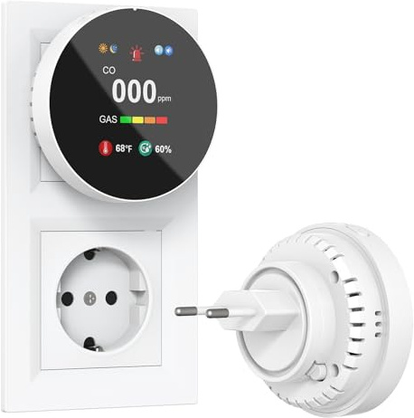 CHZHVAN Kohlenmonoxid- und Gasmelder mit Stecker, 4-in-1 CO-Melder mit Temperatur- & Luftfeuchtigkeitssensor, mit akustischem Alarm für Haus & Wohnmobil,1er Set(Weiß)