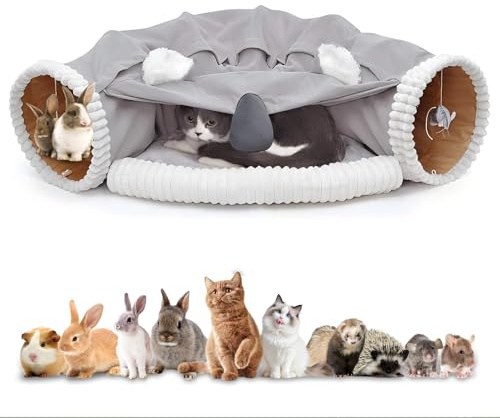 Katzentunnel, Katzenspielzeug für Indoor-Katzen, Tunnel für Katze mit Hängendem Ballspielzeug, Abnehmbares Katzenbett und Katzen Spielzeug Waschbares Interaktives Spieltunnelspielzeug, Grau