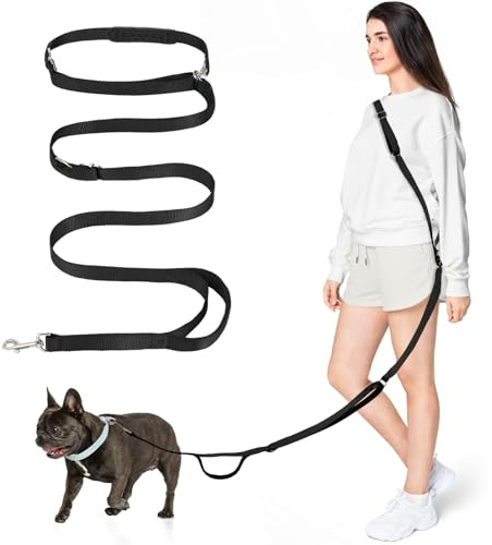 Tivray Hands Free Hundeleine 2,6 m, Verstellbare Freihandleine für Mittelgroße Hunde, Multifunktionale Laufleine für Joggen Spazieren Wandern, Crossbody & Hüftleine mit 3 Ringen, Schwarz