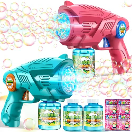 Nicmore 2 Elektrische Seifenblasenpistole Kinder: Seifenblasenmaschine mit LED Licht & 2 Seifenblasen Nachfüll-Lösung EIN-Knopf-Start & Auslaufsichere Bubble Gun für Outdoor Party (3+ Jahre)