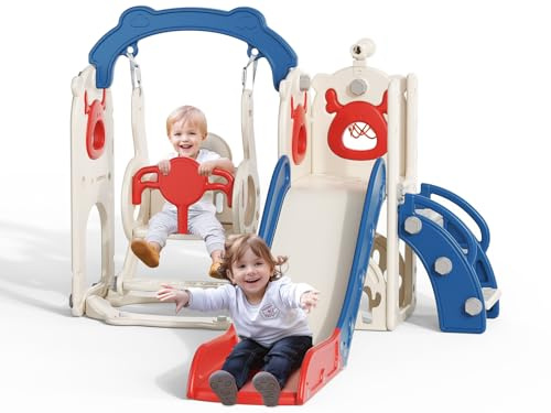 Kinderrutsche,extralange Rutschbahn,freistehende Kleinkindrutsche mit Basketballkorb, Kleinkindklettergerüst, Montessori Baby-Gartenrutschen-Spielset,für drinnen und draußen (Blau Rot-6 in 1)