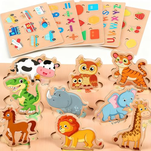 lenbest 6er Set Kinder Holzpuzzle - Montessori Spielzeug - Tier Alphabet Nummer Fahrzeuge Form Frucht Holzspielzeug - Puzzle Steckpuzzle Lernspielzeug Kinderspielzeug 3 Jahre - Ostern Geschenke