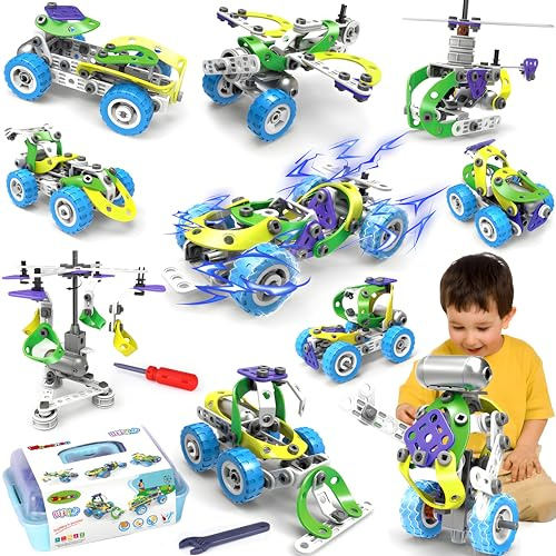 Wanonoo Konstruktionsspielzeug ab 4 5 6 7 8 9 Jahr Jungen,10-in-1 Elektrisch STEM Baukasten Spielzeug Kreatives Lernspielzeug Bauspielzeug, Bausteine Kreativ-Set, Geschenk für Kinder Jungen Mädchen