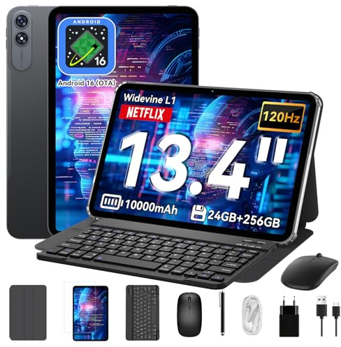 VekfulPC Tablet 13.4 Zoll,Tablet Android 15 mit Tastatur,T60Pro 120Hz FHD Display,24GB RAM+256GB ROM,10000mA,WideVine L1/16MP+8MP AI Kamera/Face ID/GPS,Octa-Core Gaming Tablets mit Stift,Maus,Hülle