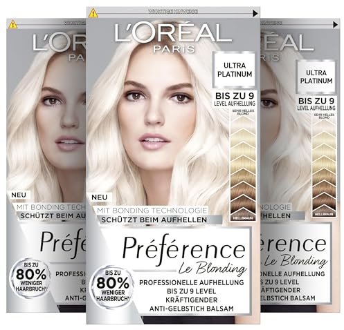 L'Oréal Paris Extrem Aufheller für platin-blondes Haar, Mit Anti-Gelbstich und Anti-Haarbruch Technologie, Permanente Haarfarbe, Préférence Le Blonding, 9L Helles Platinblond, Multipack