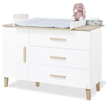 PINOLINO Wickelkommode „Lumi” extrabreit, mit abnehmbarem Wickelaufsatz, 3 Schubkästen und 1 Tür, Self-Soft-Close, weiß