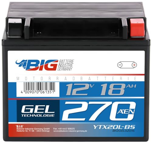 BIG Motorradbatterie 12V YTX20L-BS GEL 18Ah 270A/EN Outlander Motorrad-Starter-Batterie wiederaufladbar und wartungsfrei ersetzt 19Ah 20Ah