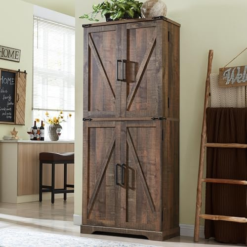 AetherWood Küchenschrank, 183 cm hoher Vorratsschrank im Landhausstil, Aufbewahrungsschrank mit Scheunen-Schiebetüren, Schublade und verstellbaren Regalen – Rustikales Braun