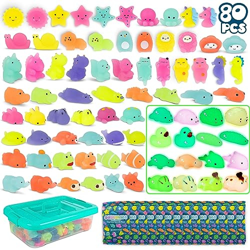 BONNYCO Mochi Squishy Set 80 Stück Mitgebsel Kindergeburtstag, Squeeze Toy | Mini Squishy Kawaii sie Leuchten im Dunkeln. Kleine Geschenke für Kinder, Mitbringsel Kindergeburtstag Gastgeschenk, Pinata