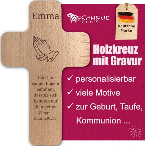 Holzkreuz mit individueller Gravur - personalisiert mit Name, Spruch, Motiv - Holz Kreuz Kruzifix als Geschenk zur Geburt, Taufe, Kommunion, Firmung - für Kinder und Erwachsene