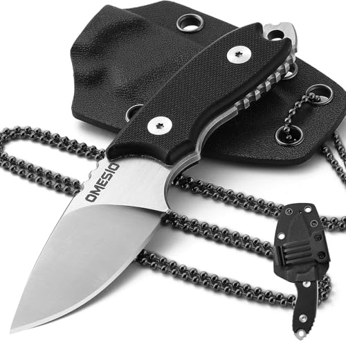 Omesio Neck Knife D2 Stahl Mit Feststehender Klinge, Schwarz, Scharf | Kydex-Scheide mit Kugelkette im Set, kompaktes Full-Tang-Halsmesser, ideal als EDC für Outdoor und Alltag, langlebig