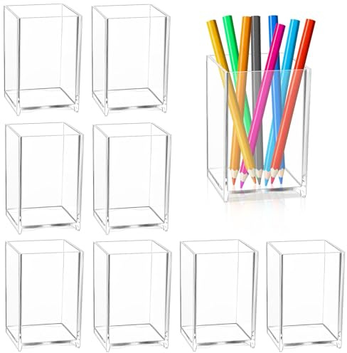 RETON 9 Pack Acryl Stifthalter, klarer quadratischer Bleistift Stiftebehälter für Schreibtisch, transparenter Make-up-Pinselhalter, Schreibwaren-Organizer, Bleistift-Töpfe für Klassenzimmer, Zuhause,