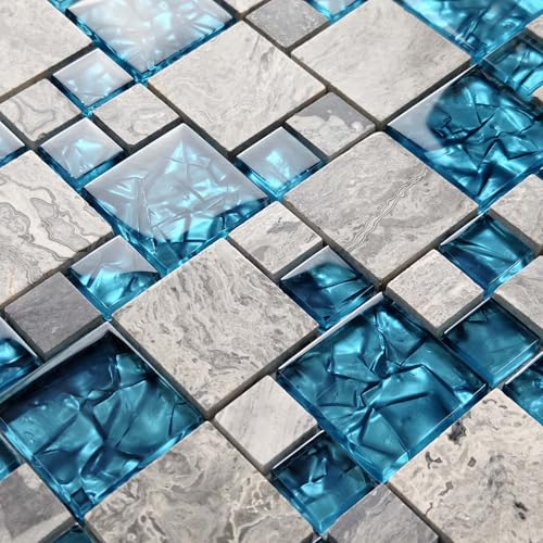 Hominter Premium Blaugrünes Kristallglas & graue Steinfliesen, modernes Badezimmer-Duschwand, Versaille-Muster, Mosaik für Küche, Kamin, Dekor (1,5 m²)