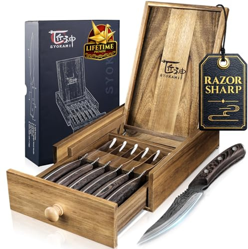 SYOKAMI 12,2 cm Steakmesser Set 6 Teilig mit Schubladen Organizer | Hochkohlenstoff Japanischer Edelstahl Fleischmesser ohne Wellenschliff mit Holzgriff Damastmuster, Razor-Sharp Dinner Knives