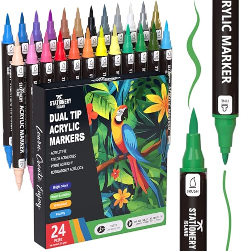 STATIONERY ISLAND Permanente Acryl-Malstifte 24 Farben – Doppelspitzen-Marker für Stein, Kürbis, Glas, Keramik, Holz & Stoff – Feine & Pinselspitze Wasserbasierte Malstifte für