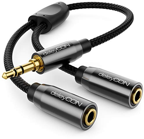deleyCON 0,20m Audio Klinken Y-Splitter Kabel AUX, Nylon Mantel | Hochwertiger Nylon Mantel, 3,5mm Klinken Stecker auf 2x 3,5mm Klinken Buchse, Stereo Y-Adapter Kabel