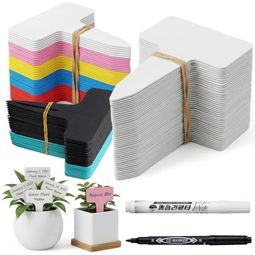 252 Stück Kunststoff-Pflanzenschilder, 100 X Weiß + 152 X Bunt, T-Typ mit Marker zum Beschriften, Pflanzschilder Für Draussen Wetterfest, Pflanzenstecker zum Beschriften – Für Gemüse, Kräuter & Blumen