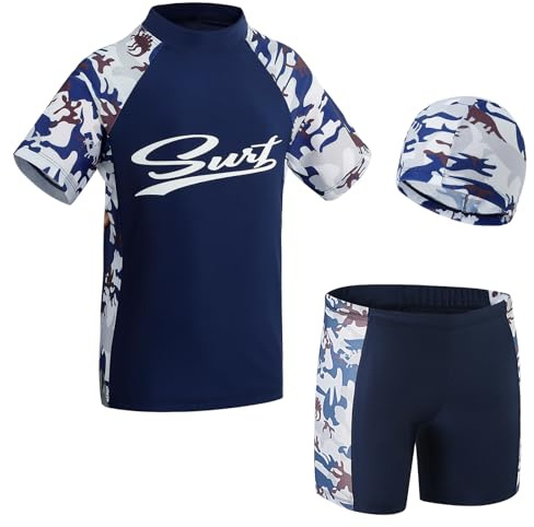 KAKU NANU 3-Teilig UV Badebekleidung Junge Rashguard Badehose Mütze 104-158 | Blau Grau Schwarz,Sonnenschutz Schwimmbekleidung,Schnelltrocknend,Leicht,Atmungsaktiv,Wasseraktivitäten