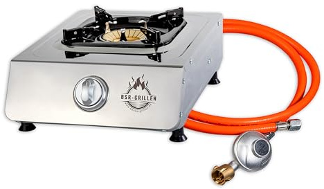 BSR-Grillen Gaskocher Edelstahl Campingkocher mit 5,5 kW Leistung, Piezozündung, Zündsicherung, 150 cm Gasschlauch, Druckminderer 50 mbar, Pfannenständer aus Emaille (1-flammig)