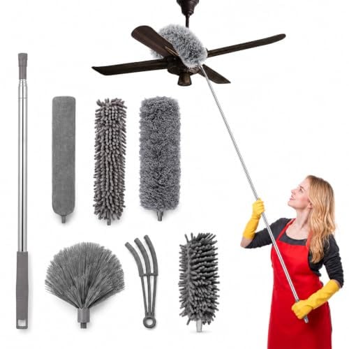 FumyFumy Staubwedel Teleskop 250 cm, 7-teiliges Waschbares Mikrofaser-Reinigungsset, Staubwischer lang ausziehbar, Spinnenwebenentferner für hohe Decken, Jalousien & Ecken