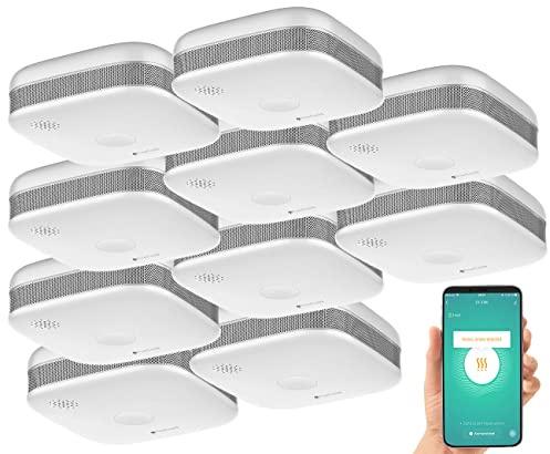 VisorTech Rauchmelder Funk: 10er-Set WLAN-Design-Rauchmelder mit weltweiter App-Benachrichtigung (Feuermelder WLAN, Kompakter WLAN Rauchmelder, Tablet Halterung)