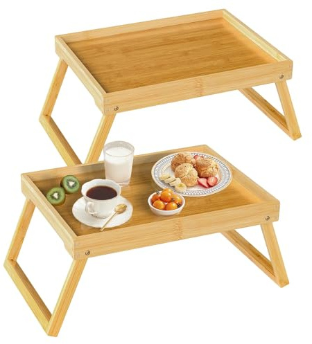 Betttablett aus Bambus mit Klappfüßen, Frühstückstablett im Bett, Serviertablett für die Küche, Serviertablett, Essenstablet, Sofa, Snack (Beige)