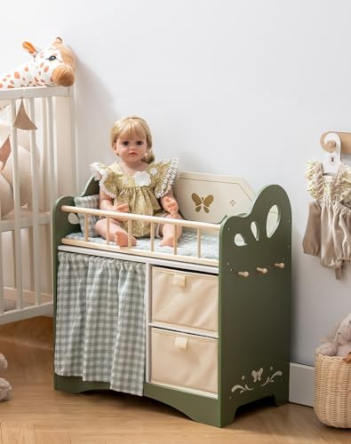 ROBOTIME Holz Puppenbett für Kinder, Baby Puppenbett mit Aufbewahrungsschrank und Bettwäsche, Puppenbett geeignet für Puppen bis 22 Zoll, Kleinkinder ab 3 Jahren (Grün)