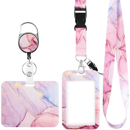 Ausweishalter Set mit Lanyard, Ausziehbar, 2 Kartenhüllen, Marmor | Hartplastik-Halter, Horizontal & Vertikal, 84 cm Auszug, für Ausweis, Schlüssel, Zugangskarte