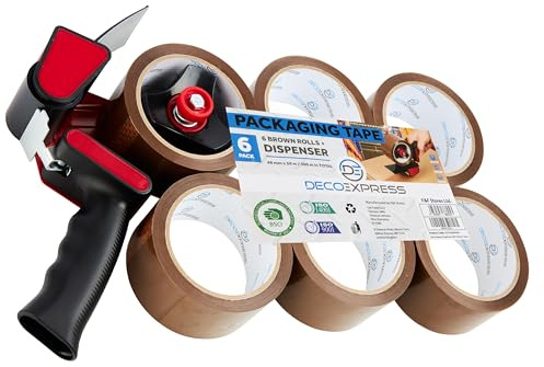 Paketklebeband mit Handabroller Set, Handheld Paketbandabroller und Rollen Paketklebeband zum Verpacken Extra Strong PVC-Klebebändern (Spender Braun, 1er-Pack)