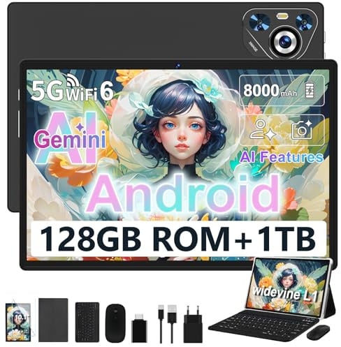 Dghrti 2026 Tablet 10 Zoll Android, 128GB ROM/TF 2TB, Octa-Core Prozessor, 8000mAh, BT5.0, 8MP+5MP, WiFi 5G+2.4G, Face ID, Widevine L1, Augenschutz, Tablet mit Tastatur & Maus Metallkörper-Schwarz