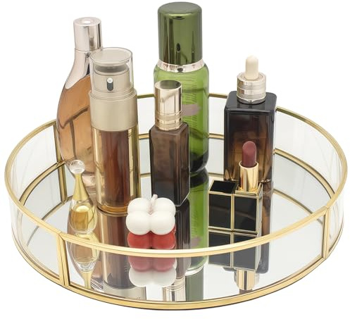 Deko Tablett Rund, SLHEQING Spiegeltablett Gold, Badezimmertablett Glass, Vintage Make up Organizer, Kosmetik Organizer Aufbewahrung Tablett für Badezimmer Schminktisch