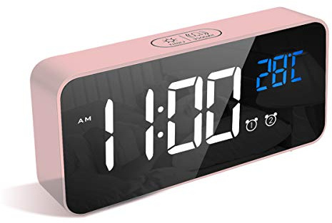 LATEC Digitaler Wecker mit Große LED Temperaturanzeige, Tischuhr mit 10 Musik, USB Ladeanschluss, 4 Helligkeit und Lautstärke Regelbar, Snooze, tragbarer Spiegelalarm mit 2 Alarmen, 12/24H, Rosa