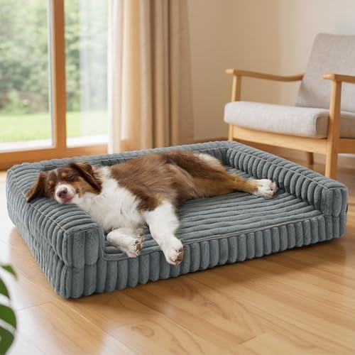 BEDSURE orthopädisches Hundebett Grosse Hunde - 89x64x18cm | wasserdichtes Hundesofa mit Memory-Schaum & Eierkarton-Schaum, waschbarer und abnehmbarer Cordbezug Hundecouch, grau
