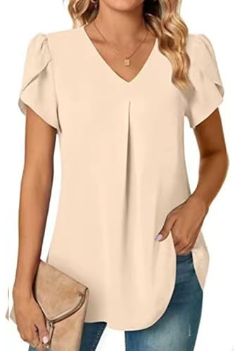 SHEKINI Damen Bluse Sommer Elegant V-Ausschnitt Shirt Damen Kurzarm Tunika Shirt Oberteil Flowy Rüschenärmel Chiffon Tops Lässige Blusen