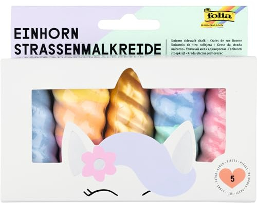 Folia 380509 - Einhorn Straßenmalkreide für Kinder, 5 Stück in Regenbogenfarben, Unicorn Kreide im Horn-Design