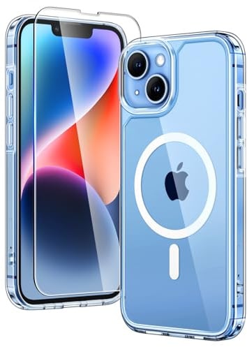 TAURI für iPhone 13/14 Hülle 6,1 mit Schutzfolie - Durchsichtig | Kompatibel mit MagSafe, Schutz nach Militärstandard, [Anti-Vergilbung] Stoßfest Magnetisch Handyhülle