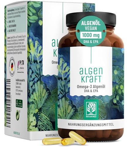 NATURTREU® Omega 3 Vegan aus Algenöl – 1000mg Omega 3 Algenöl aus nachhaltigen Kulturen - Mikroalgenöl hochdosiert DHA & EPA im optimalen Verhältnis - Laborgeprüft