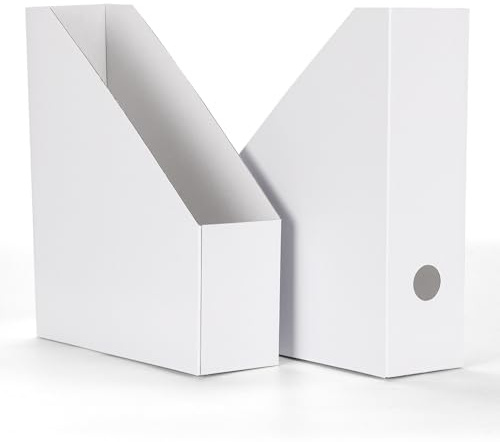 HORLIMER 12 Stück Weiß Stehsammler A4, Zeitschriftensammler aus stabilem Karton – Zeitschriftenhalter-Organizer mit Etiketten für Bücher, Dokumente – 25,4x8,5x30,5 cm