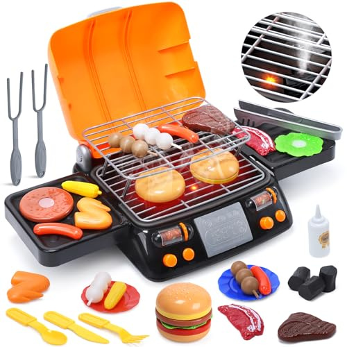 CUTE STONE Kindergrill, 2 lagiges Kinder Grill Spielset mit Spiellebensmitteln, Rauchgeräuschen und Licht, Küchenzubehör Utensilien Spielzeug, Outdoor Camping Grillspielzeug Geschenk für Kle