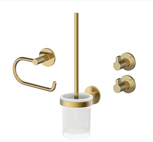 Lenz Bad-Accessoire-Set Juna in Gold – Anti-Fingerabdruck Oberfläche | 4-teiliges Set, Toilettenpapierhalter, WC-Bürstengarnitur und 2x Handtuchhaken, Zum Kleben oder Bohren, 4190041