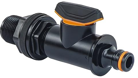 GASMIS Tankdurchführung mit Absperrhahn, Außengewinde 26,44mm, 3/4" xQuick Connector, Regentonnendurchführung, Regenfass, Wassertonnen, 1 Stück