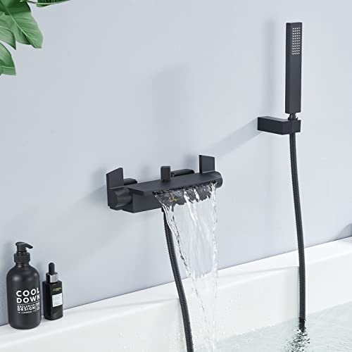 HOMELODY Badewannenarmatur Schwarz mit Handbrause, Wasserfall Badewannenarmatur Mischbatterie Armatur Badewanne Wannenarmatur Wasser, mit Großer Duschablage, 360° Einstellbarer Brause