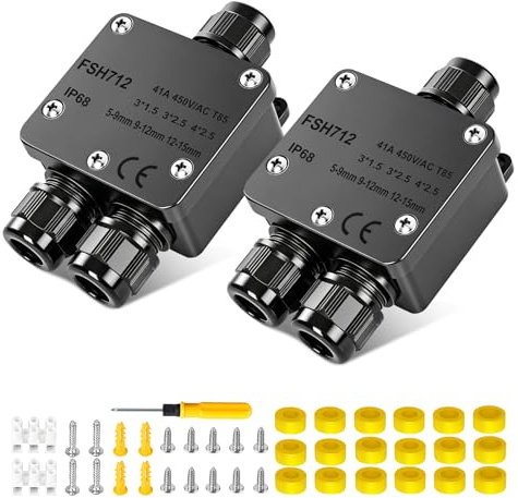 IP68 Wasserdichte Abzweigdose 3-Wege, Erdkabel Verteilerdose Außen für Garten & Outdoor, UV-beständiger Kabelverbinder Ø 5-15mm, Anschlussdose für Außenbeleuchtung & Teichpumpe, Schwarz (2 Stück)