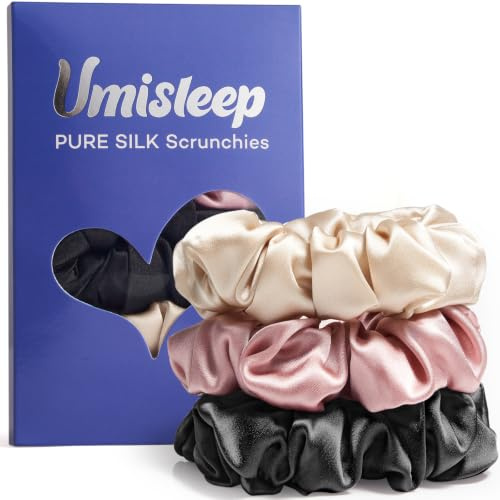 Umisleep 3er Set 100% Mulberry Seiden Scrunchies für Damen,weniger Frizz | Sanfte Haargummis für weniger Haarbruch,Elastische Haargummis, Rosa&Schwarz&Champagner