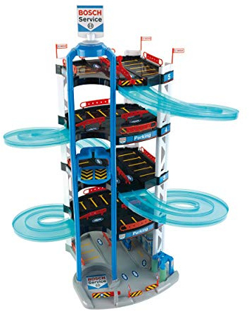 Theo Klein 2813 Bosch Car Service Parkhaus I Mit 5 Ebenen, doppelter Abfahrtrampe, 2 Rennautos, Fahrstuhl und vielem mehr I Maße: 55 cm x 55 cm x 85 cm I Spielzeug für Kinder ab 3 Jahren