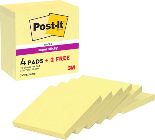 Post-it Super Sticky Notes Kanariengelb, Packung mit 6 Blöcken, 90 Blatt pro Block, 76 mm x 76 mm, Farbe: Gelb - Extra-stark klebende Notizzettel für Notizen, To-Do-Listen und Erinnerungen