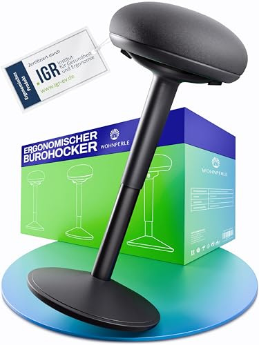 Wohnperle Bürohocker ergonomisch [Zertifiziert] 2in1 Sitzhocker & Stehhocker höhenverstellbar | Ergonomischer Hocker Schwarz für Büro und Schreibtisch - Wackelhocker + Pendelhocker mit Schwingeffekt