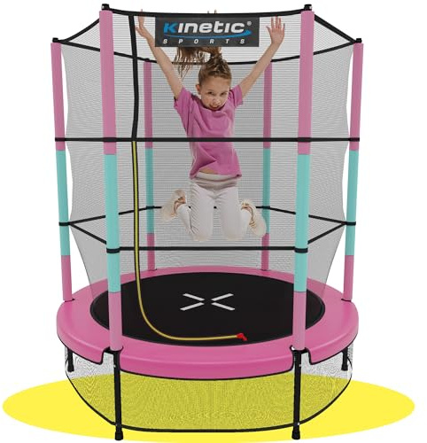 KINETIC SPORTS Kinder Trampolin Jumper 140 cm - Inklusive Gummiseil Federung, Sicherheitsnetz mit Reißverschluss, Rahmenpolster, Schutz Bodennetz - Indoor Kindertrampolin Spielzeug