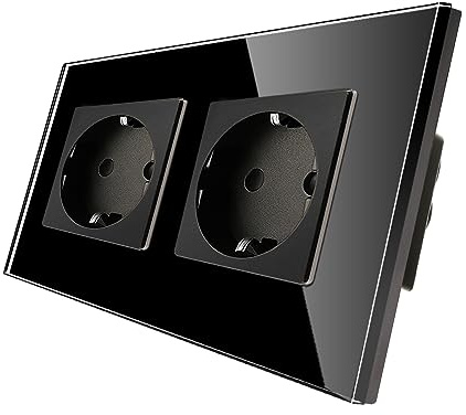 CNBINGO Glas Schuko Steckdose unterputz, Doppelsteckdose Schwarz, Wandsteckdose zweifach mit Glasrahmen