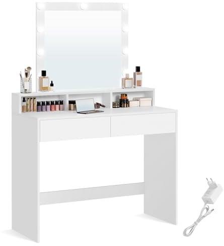 VASAGLE Schminktisch mit LED-Beleuchtung, einstellbare Helligkeit, Frisiertisch mit Spiegel, Kosmetiktisch mit 2 Schubladen und 3 offenen Fächern, Frisierkommode, modern, weiß RDT164W01